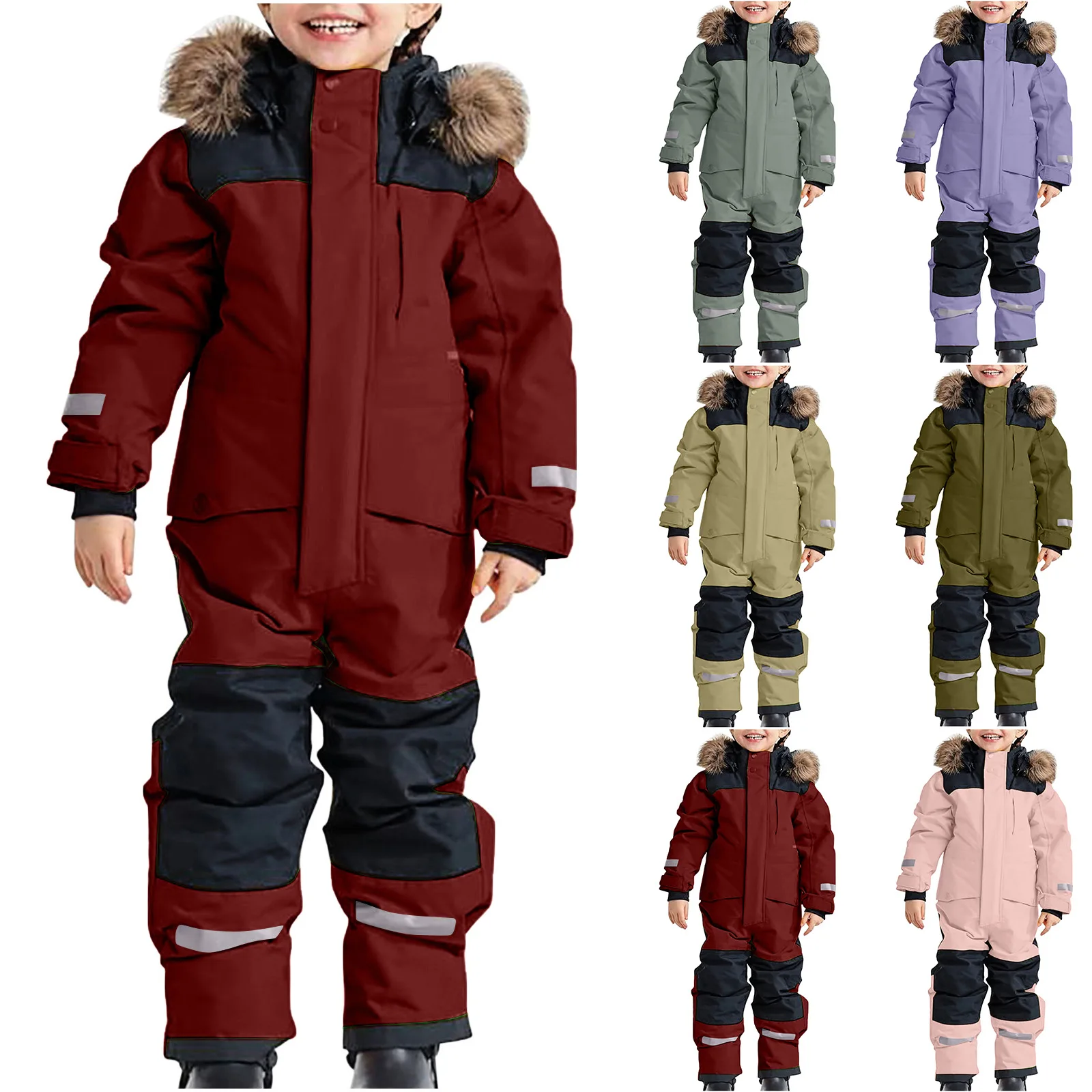 Children's Coat 26 Winter New Fleece Thickened Warm Boys and Girls Ski Suit Cotton Outdoor Waterproof One-Piece Hooded Ski Suit
