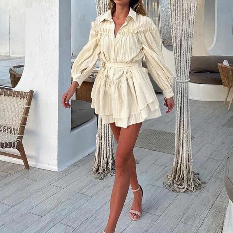 Elegante bordado jacquard crochê gancho vestidos de manga comprida primavera verão feminino colarinho camisa oca bolo mini vestidos