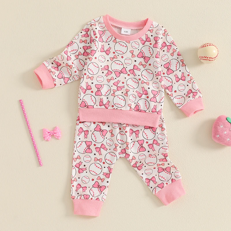 Roupa de 2 peças para bebês meninas, moletom com estampa de laço, manga comprida, gola redonda e calça de moletom com cintura elástica, roupas de outono