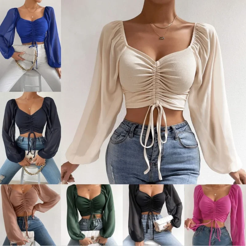 Summer V-neck Women T Shirt Long Sleeve Drawstring Crop Tops Tee Casual Ladies T Shirt Blusas Sexy Short Tshirt Woman Clothes