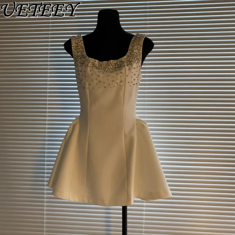 

French Summer New Heavy Industry Diamond Sling A Version High Waist Puffy Dress Temperament Banquet Vest Short Dresses