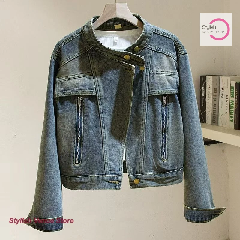 

Korean-style stand-up collar trend design denim jacket women's spring and autumn new Joker loose fashion temperament jacket top