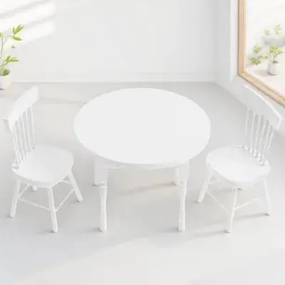 1-Set weißes rundes Tischset Puppenhaus Miniatur Holzstruktur Robuste Stühle Mini-Möbel Dekor Küche Esszimmer Spielen