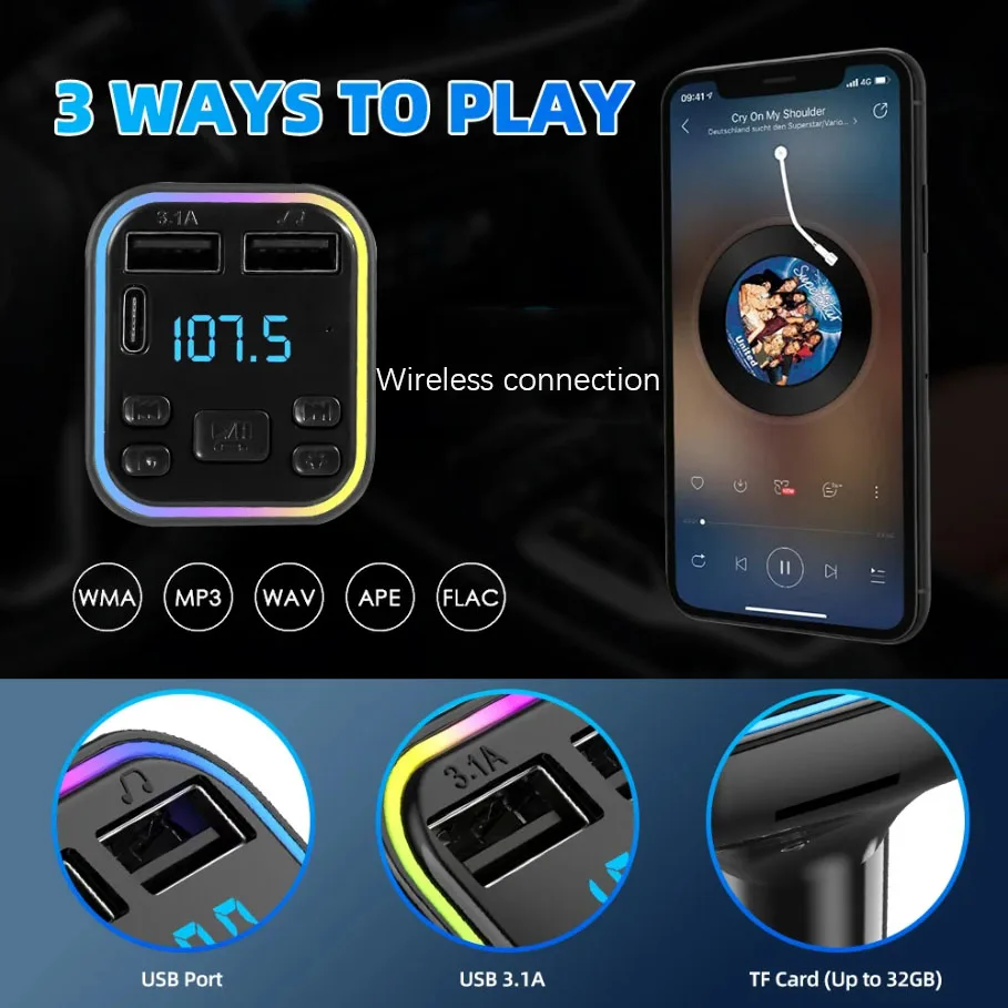 Bluetooth V5.3 Car Bluetooth Mp3 Player, Dual USB Car Charger, Type-C Port, 5V3A Output, Car Fm Transmitter, Supports Hands-Free Calling, Music Playback, and Can Display Car Battery Voltage