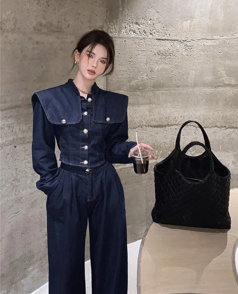 

2Pcs Set,Two Pieces Sets,Denim Coat and Jeans Pant,women fall clothing suit tracksuit high street fashion outfits + long trouser