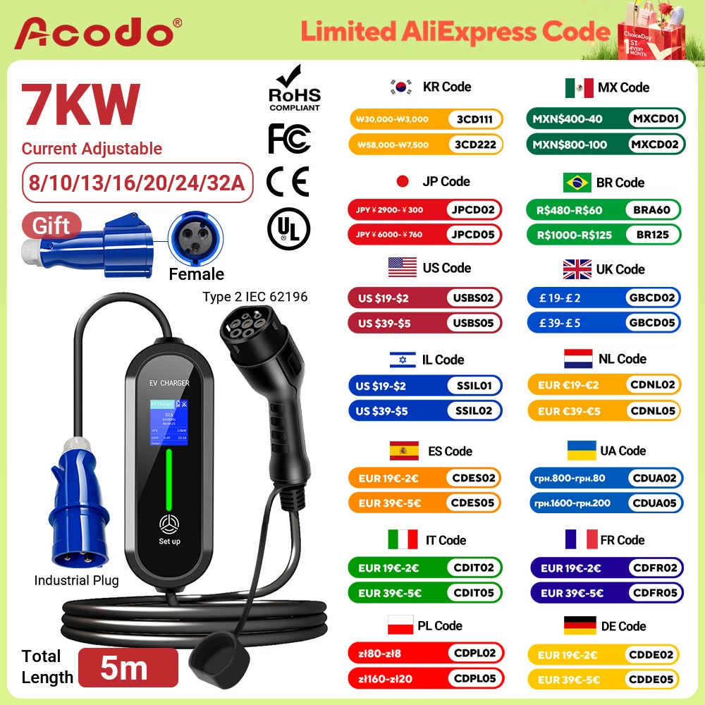 Acodo EV draagbare oplader 7KW Type 2 Type 1 GBT 5M lengte 4 stromingsmodi WallBox met display Boekingstijd Auto snel opladen
