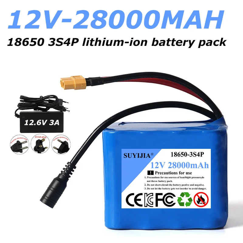 12V 28Ah 3S4P battery pack 18650 lithium-ion battery built-in 20A BMS DC 12.6V large-capacity rechargeable battery + charger