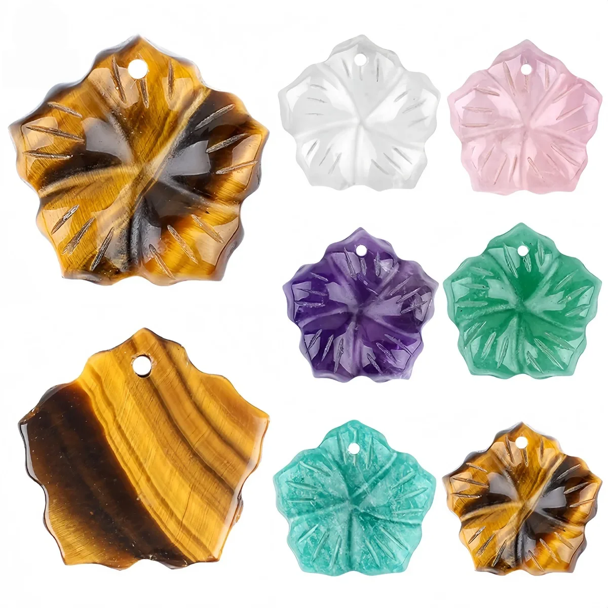 JOYAGIFT 20mm Hand Carved Natural Crystal Flower Pendant Mixed Gemstone Charm With Hole For DIY Necklace Jewelry Making