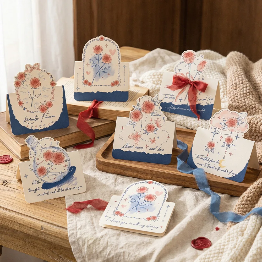 

10Pcs Vintage Rose-Shaped Greeting Card Blue Rose Preserved Flower Style Message Card Valentine's Day Confession Blessing Card