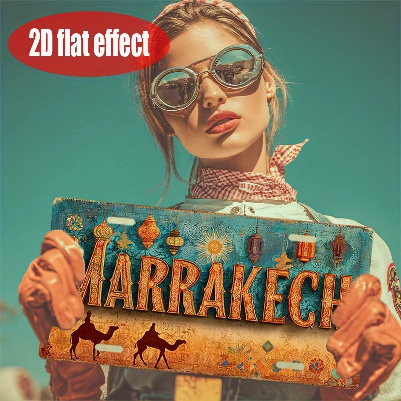 2D Flat, 1pc Vintage  Metal Sign Plate Cover - Marrakech Desert Caravan Sign with Lanterns & Market Theme, view 5
