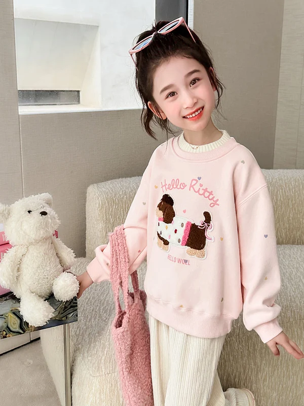 

Теплый зимний свитшот для девочек с принтом в виде сердечек и собачек, новинка, корейский стиль, прямой крой, из смесового хлопка