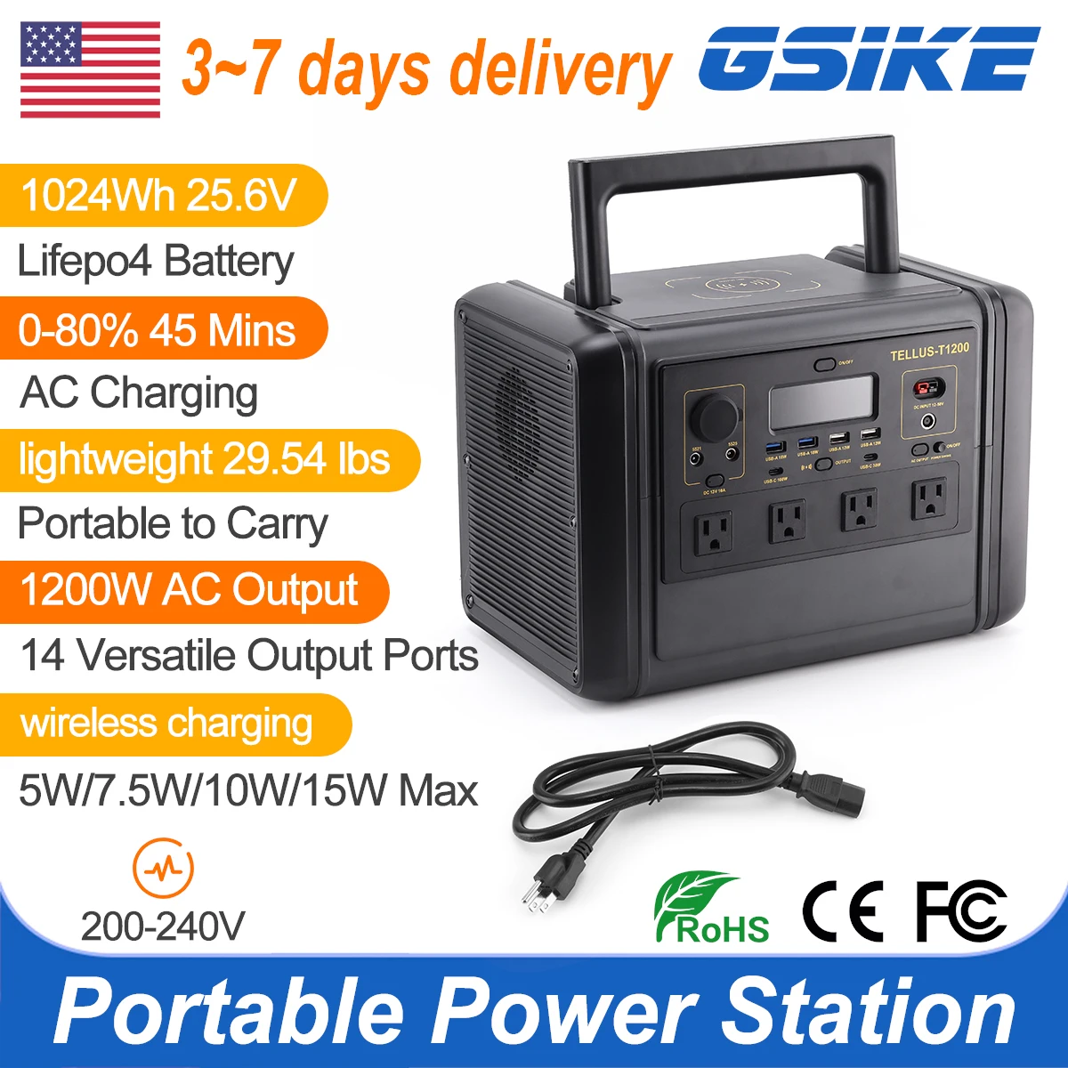 GSIKE T1200 Portable Power Station 1024Wh LiFePO4 Battery 1200W Pure Sine Wave 230V AC Output Peak 2400W Solar Generator Outdoor Camping Emergency Power Supply