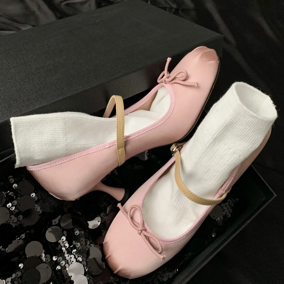 Women's satin fabric sweet bow tie slip-on Mary Jane pumps elegant ladies pink daily dress heeled shoes for woman 2024 spring