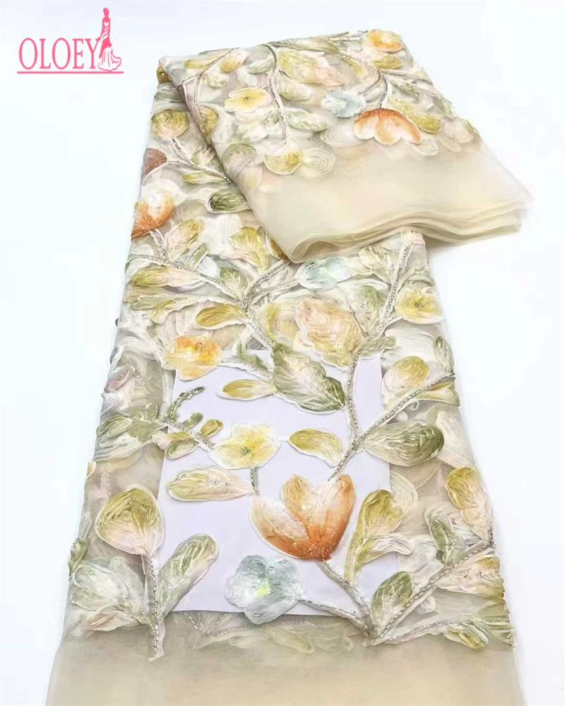

OLOEY French sequin fabric high-quality new design embroidery mesh lace flower bead wedding dress
