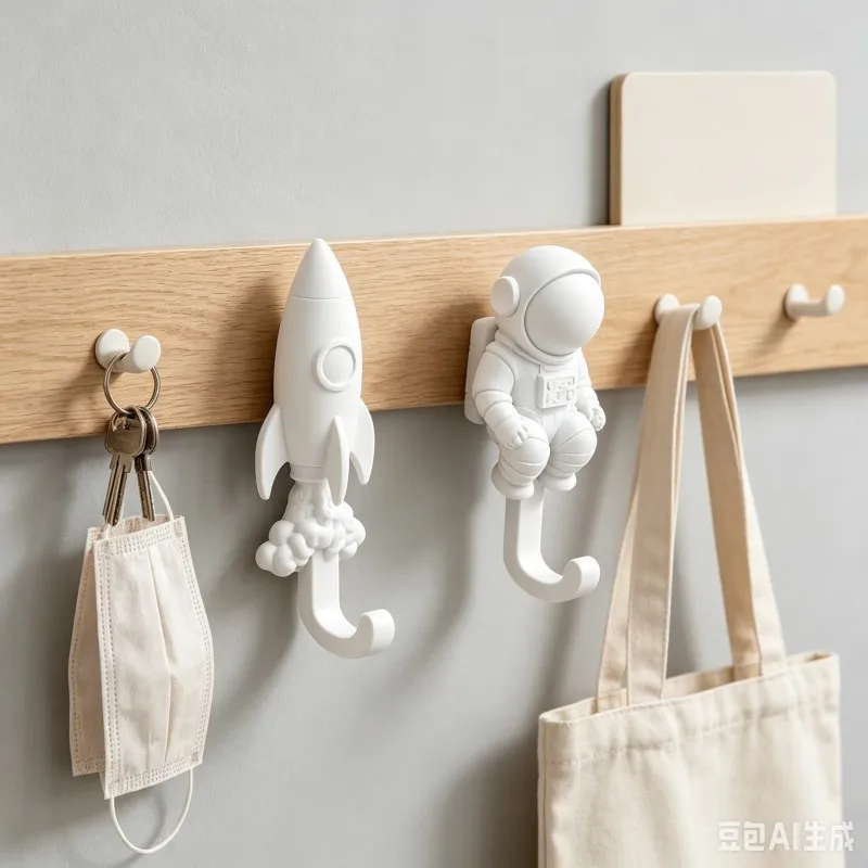 Astronaut Wall Hook 2pcs Rocket Coat Hanger Towel Key Holder Home Storage Rack （White，Black）Self Adhesive Space Theme Cute