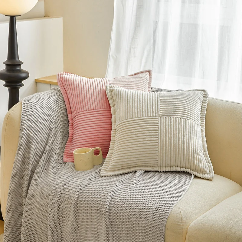 Sarung bantal Corduroy dengan sambungan sofa lembut sarung bantal Broadside bergaris dekoratif bantal lempar bertekstur mudah digunakan