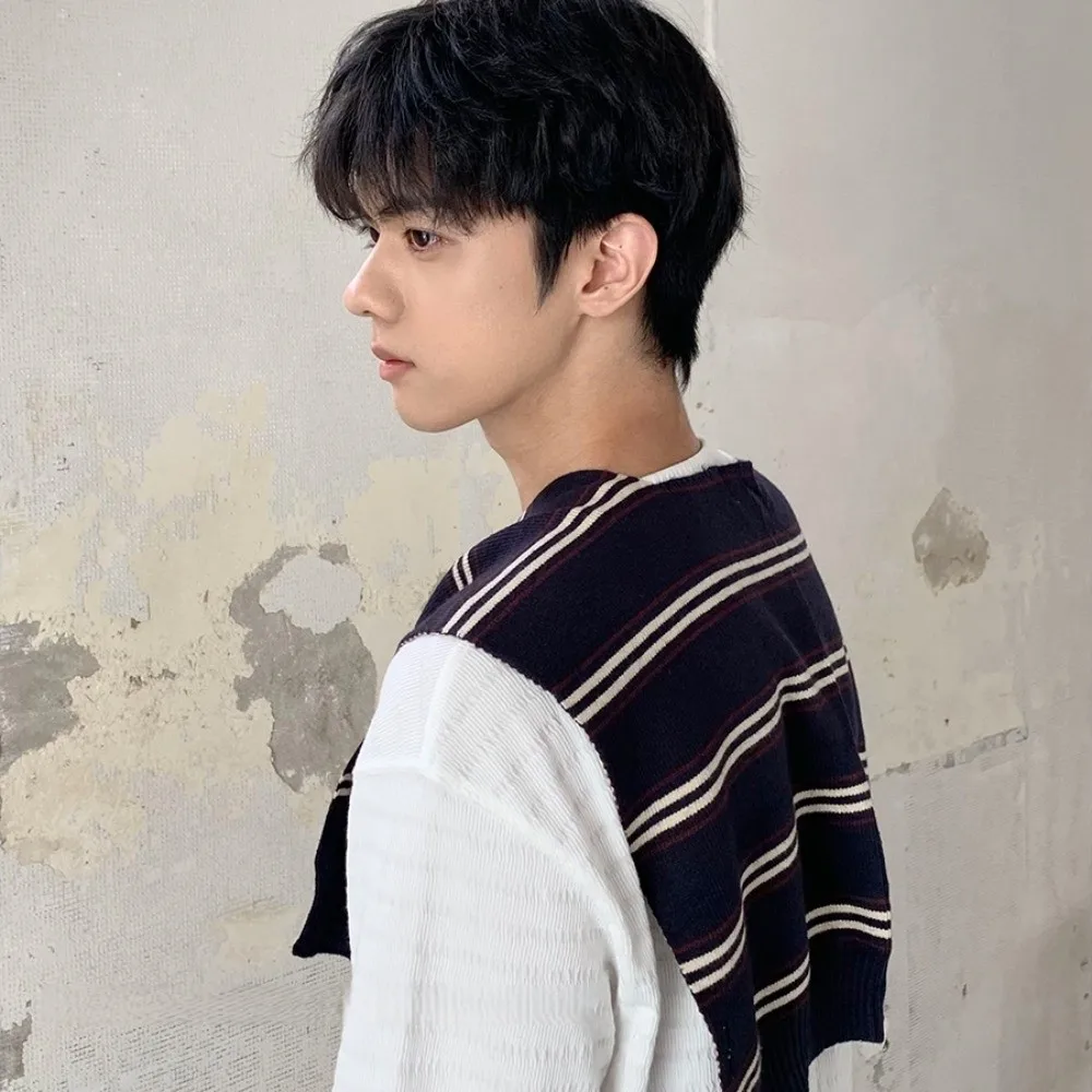 

Fashion Classic Men Knitted Shawl Wraps Cloak Stripe Scarf Korean Style Knotted Fake Collar Wraps Clothes Decoration