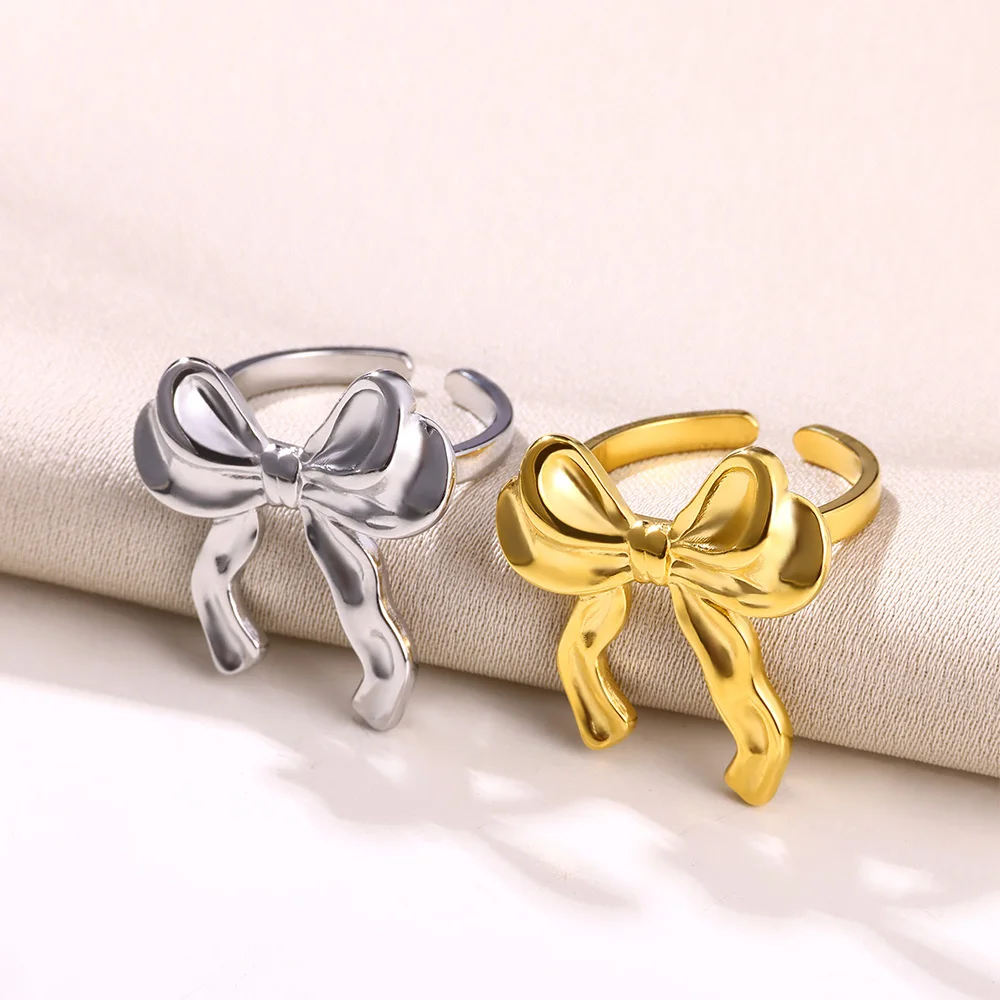 Fashion Ribbon Bows Stainless Steel Rings for Women Temperament Butterfly-Knot Adjustable Open Ring Female Jewelry Party Gifts