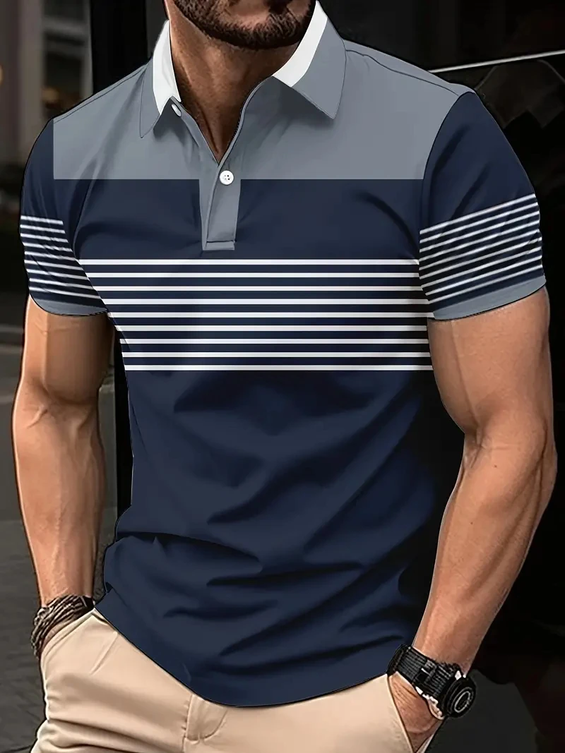 2024 New men\'s minimalist striped summer short sleeved lapel 3D digital printed polo shirt for men\'s business and leisure tops