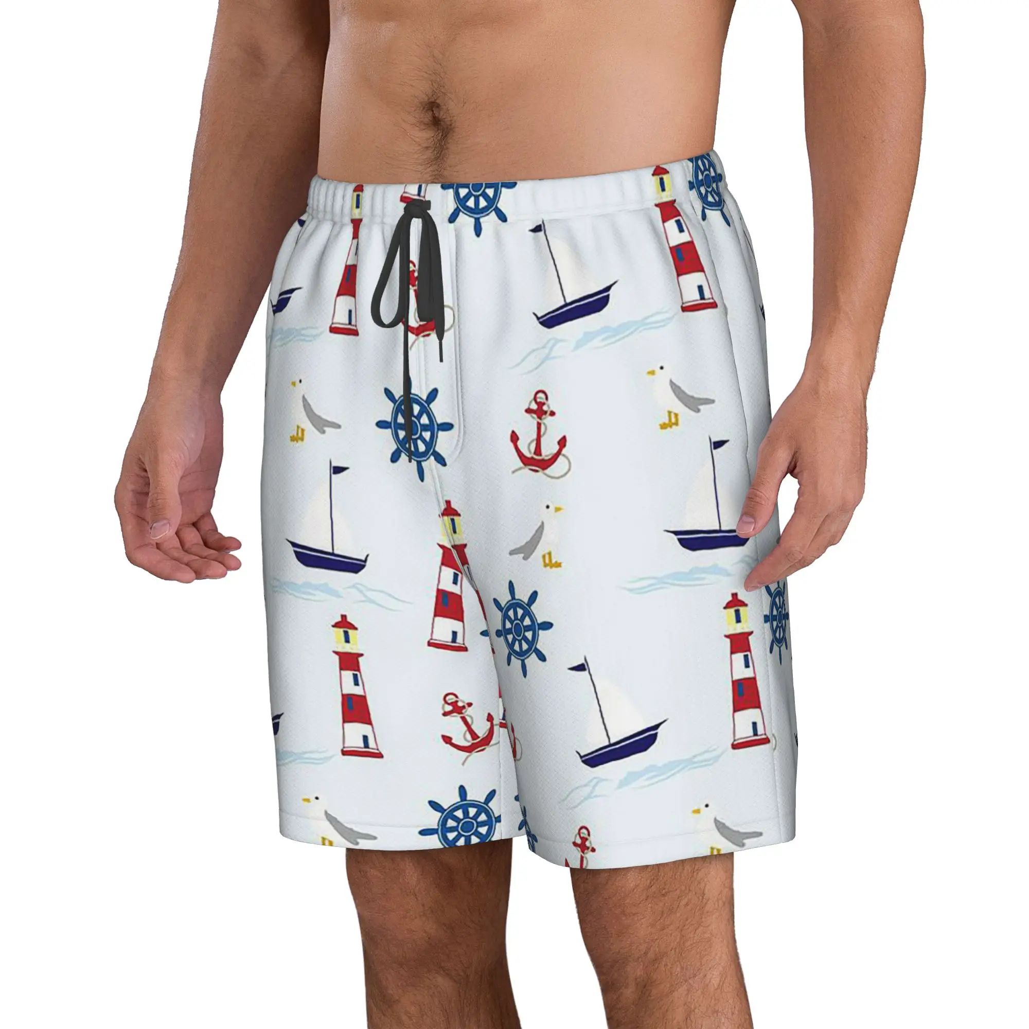Cartoon Sailboat And Anchors Pattern Trunks Beach Board Shorts Casual Quick Dry Swim Summer Men Pants