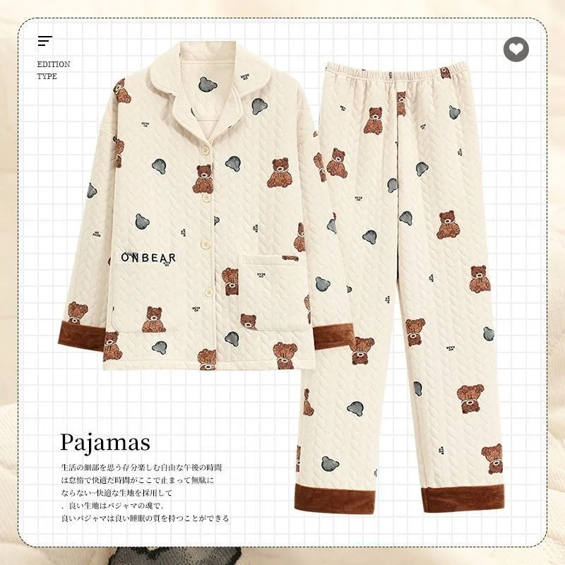 2024 New Student Pajamas Women Spring Autumn Thickened Pure Cotton Loungewear Long Sleeved Three-layer Air Cotton Warm Homewear