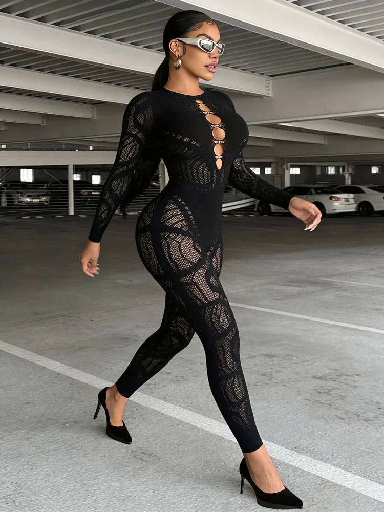 JENYAGE Women Hollow Out Mesh Jumpsuit Long Sleeve Round Neck Cutout Front See Through Bodycon Catsuit Club Party Bodysuit