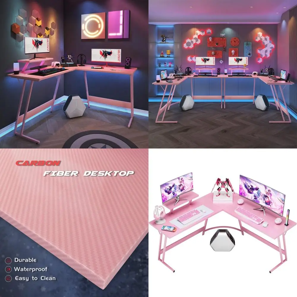 

Pink L-Shaped Gaming Desk for PC, Large Monitor Stand, Home Office, Studying, Writing - 51 Inch
