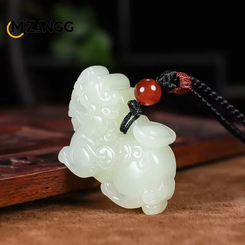 Natural Hetian Jade Flying Qilin Pendant Double-sided Carving Jasper White Jade Pixiu Necklace Lucky Amulet for Men and Women