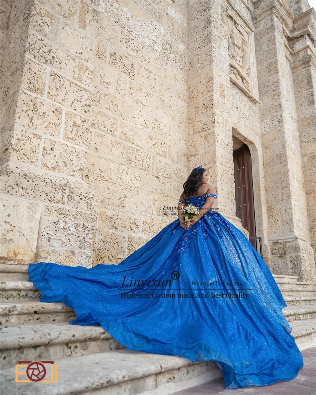 Glitter Sequins Quinceanera Dress With Applique Lace Royal Blue Birthday Sweet 16 Dress Off Shoulder Mexican Vestidos De 15 Años