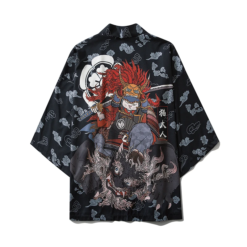 Handsome Samurai Cat Pattern Men's and Women's Cardigan Kimono Fashion Trendy Japanese Tops Comfortable Casual Kimono Streetwear