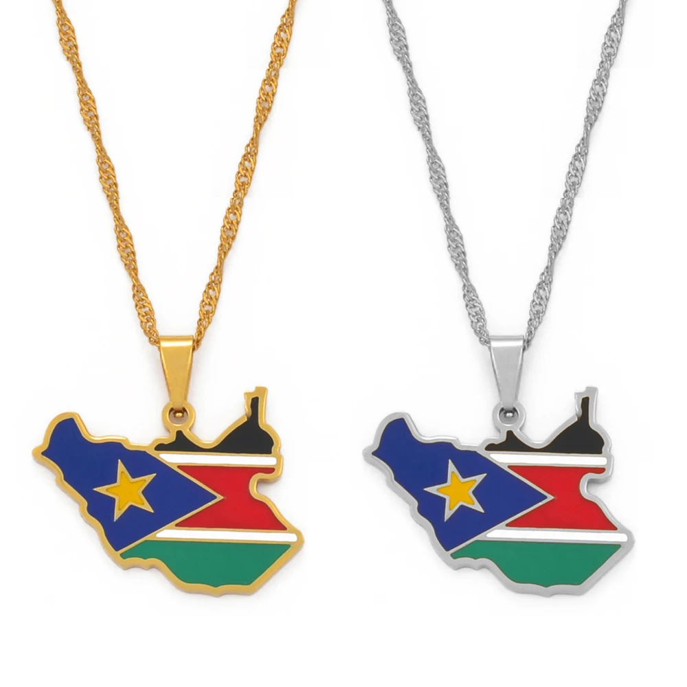 Anniyo South Sudan Map Flag Pendant Necklaces Silver Color/Gold Color Jewelry South Sudanese Maps Ethnic  @098721