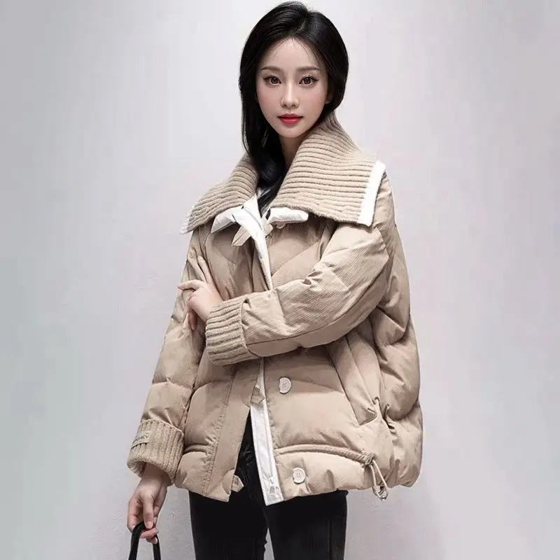 Fashion Eiderdown Cotton-padded Jacket Women's 2024 Winter New Loose Knit Collar Stitching High-grade Retro Short Coat tide.