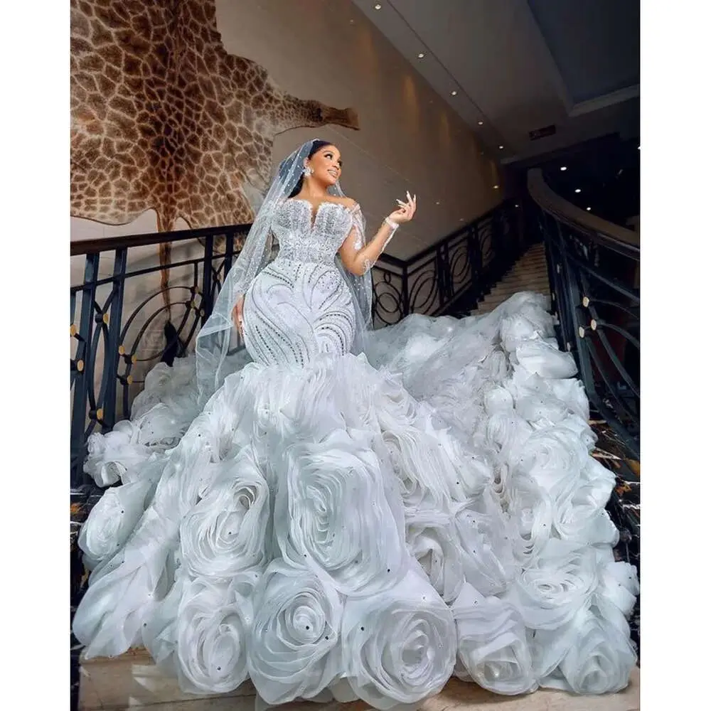 Robe de mariée arabe blanche sirène personnalisée, cristaux perlés, dentelle, traîne détachable, robes de mariée