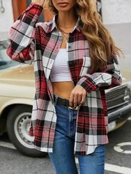 New Korean Style Long-sleeved Plaid Women's Shirt Fashionable  Design High-end Plaid Top with Pockets Pleated Loose Shirt