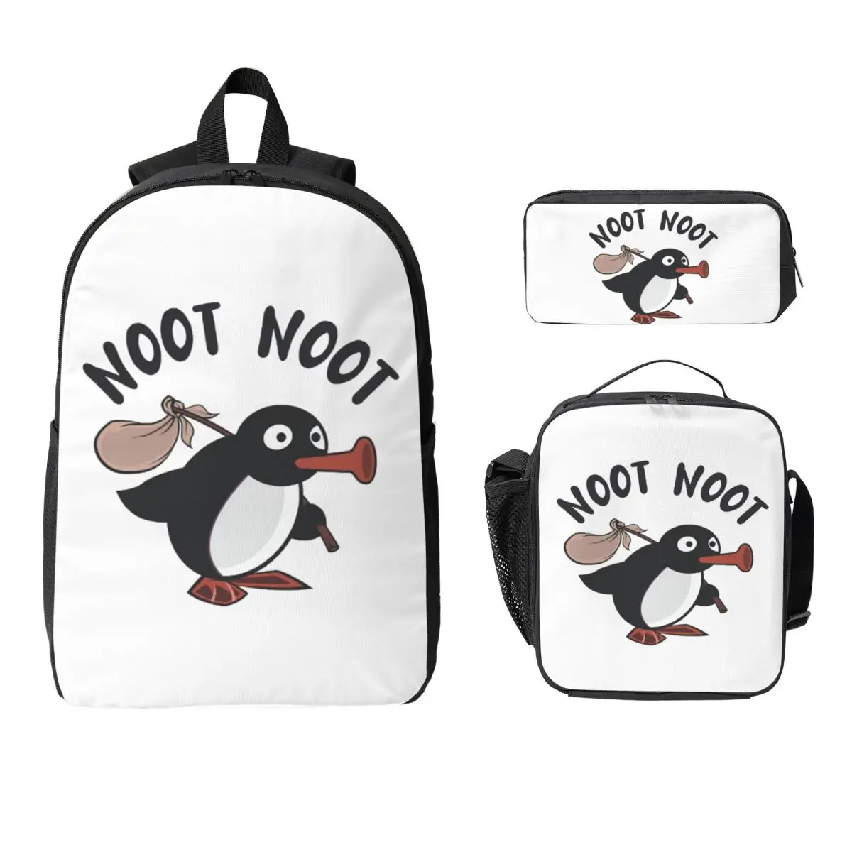 

Cute Pingu Penguin Fishing Backpack Student BookBag School Bag Computer Shoulder Bags 3ps Insulated Lunch Bag Pencil Case