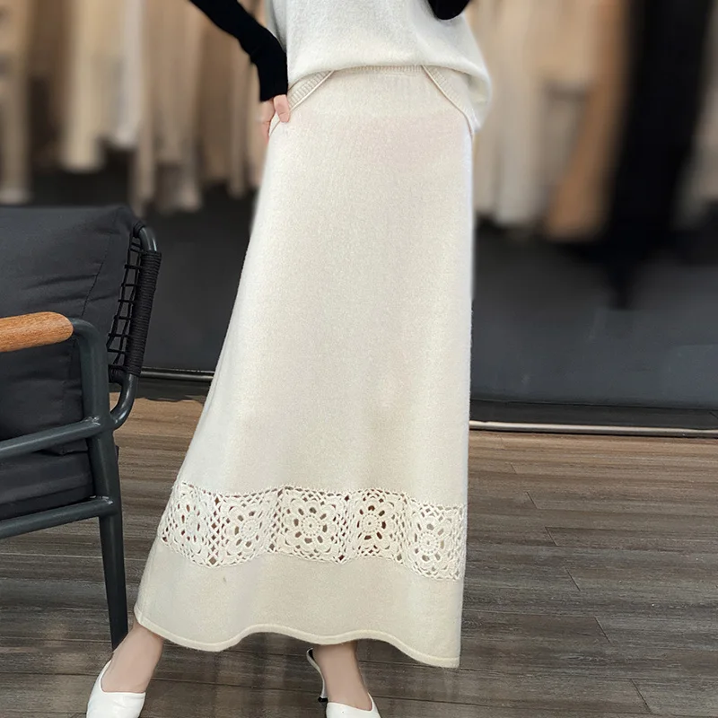 Women\'s Cashmere Knitted Skirt, Monochromatic, Hollow Hook, High Waist, A-line Skirt, Long Wool, Over the Knee, Autumn, Winter,