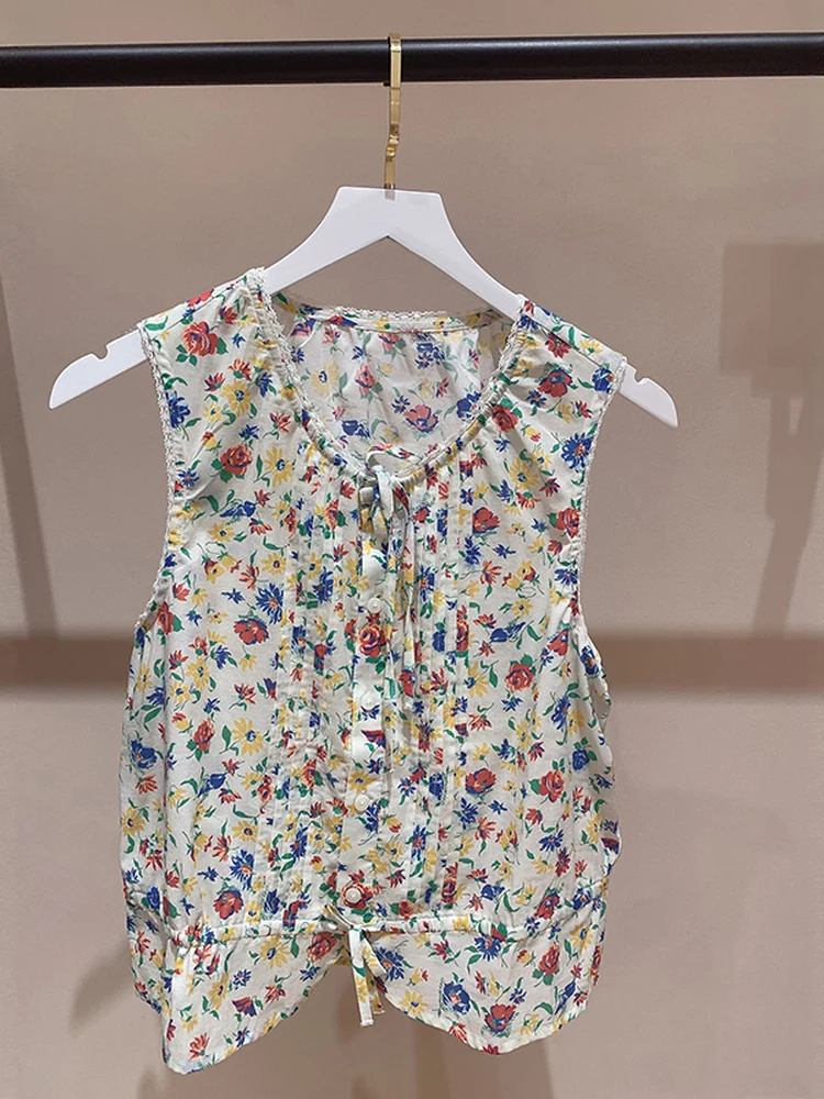 

Summer 2026 Women's Cotton Blend Short Sleeve Drawstring Waist round Neck Top Floral Print Casual Outerwear Vest Style