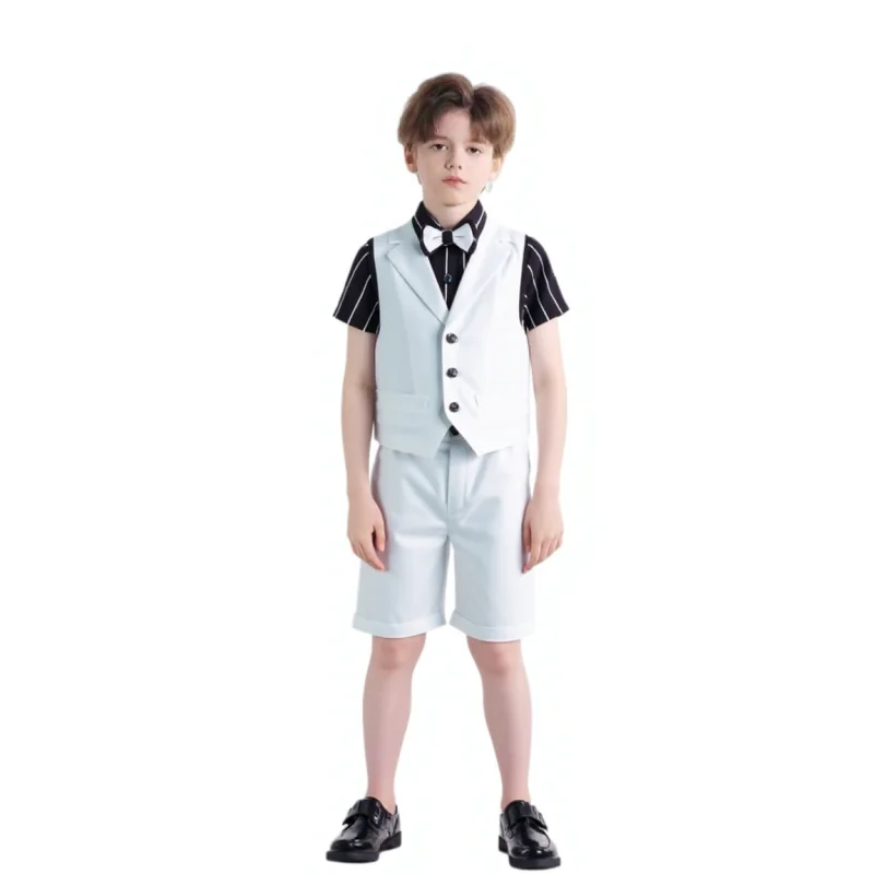 Kids Summer 3Pieces/Set Vest Shorts Bowtie Ceremony Costume Boys Wedding Birthday Dress Children Graduation Photography Suit