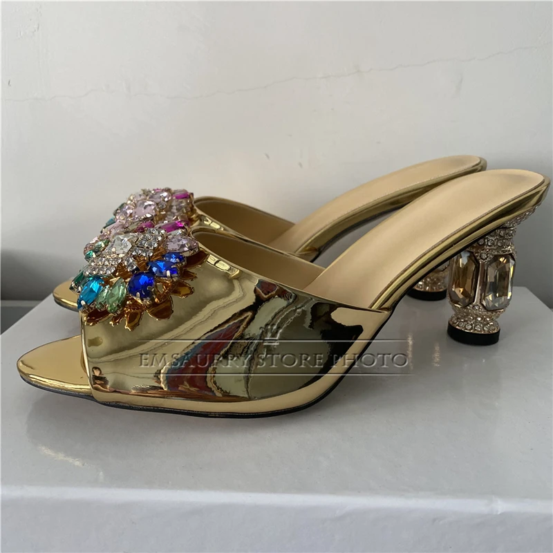 Colorful Rhinestone Buckle Decor Sandals Women Luxury Patent Leather Slingbacks Diamond Heel Summer Shoes For Girls