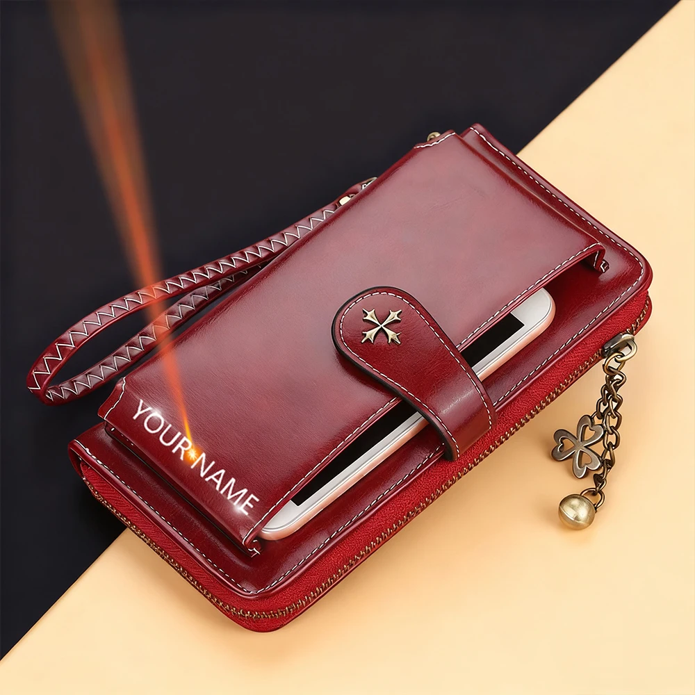 

Новый женский длинный кошелек, сумка с гравировкой имени, держатель для карт, сумка для телефона на молнии, женский кошелек для монет, большой вместительный зажим для денег для девочек