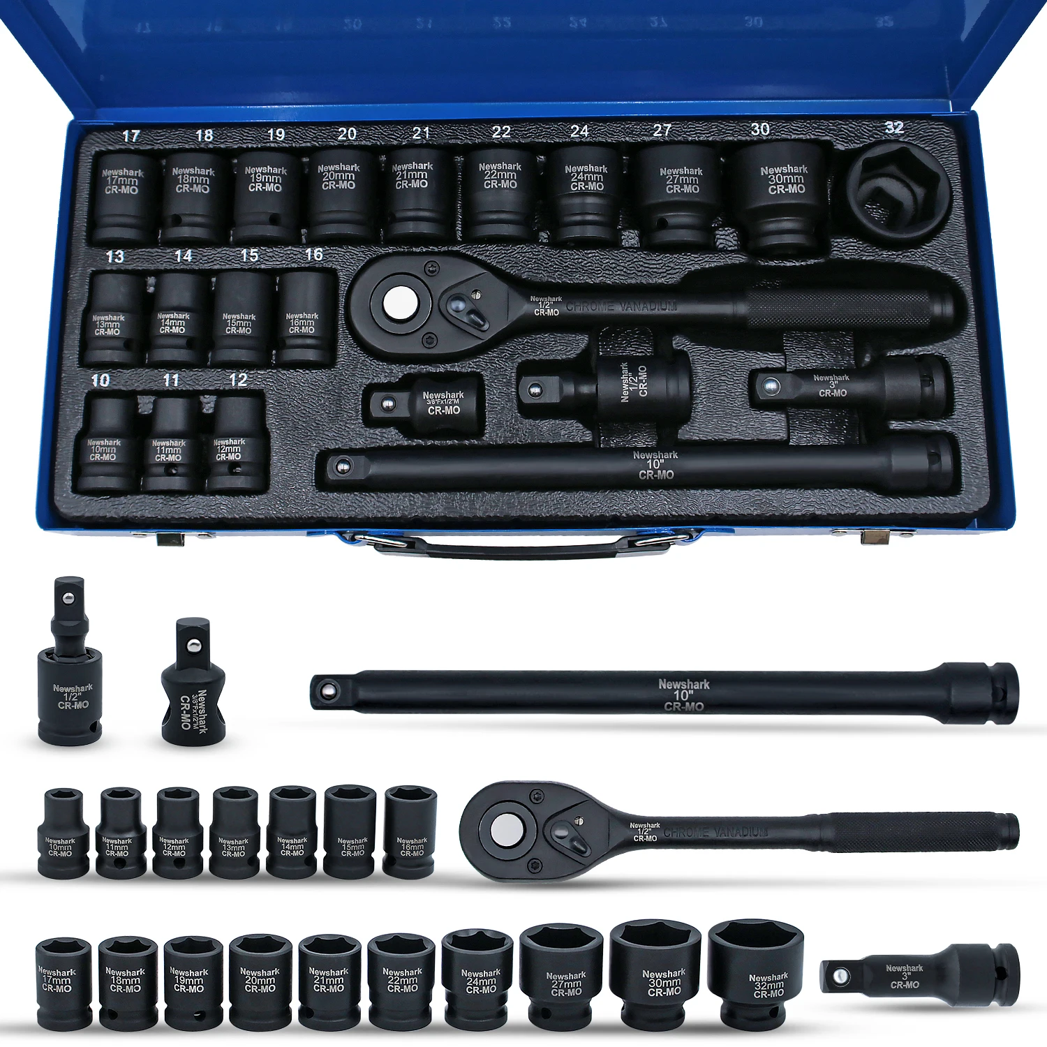 22PCS Drive Socket Wrench Set,1/2-Inch Impact Socket Set,6 Point,Metric Size(10-32mm),Quick Release Ratchet,Repairing Tool