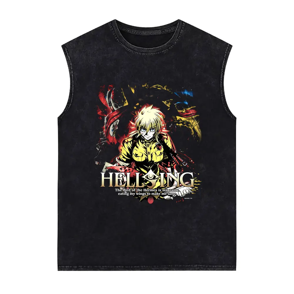 Vintage Washed Anime Hellsing Vampire Alucard Tank Tops Men Women 90s Manga Oversized Streetwear Unisex Fashion Sleeveless Vest
