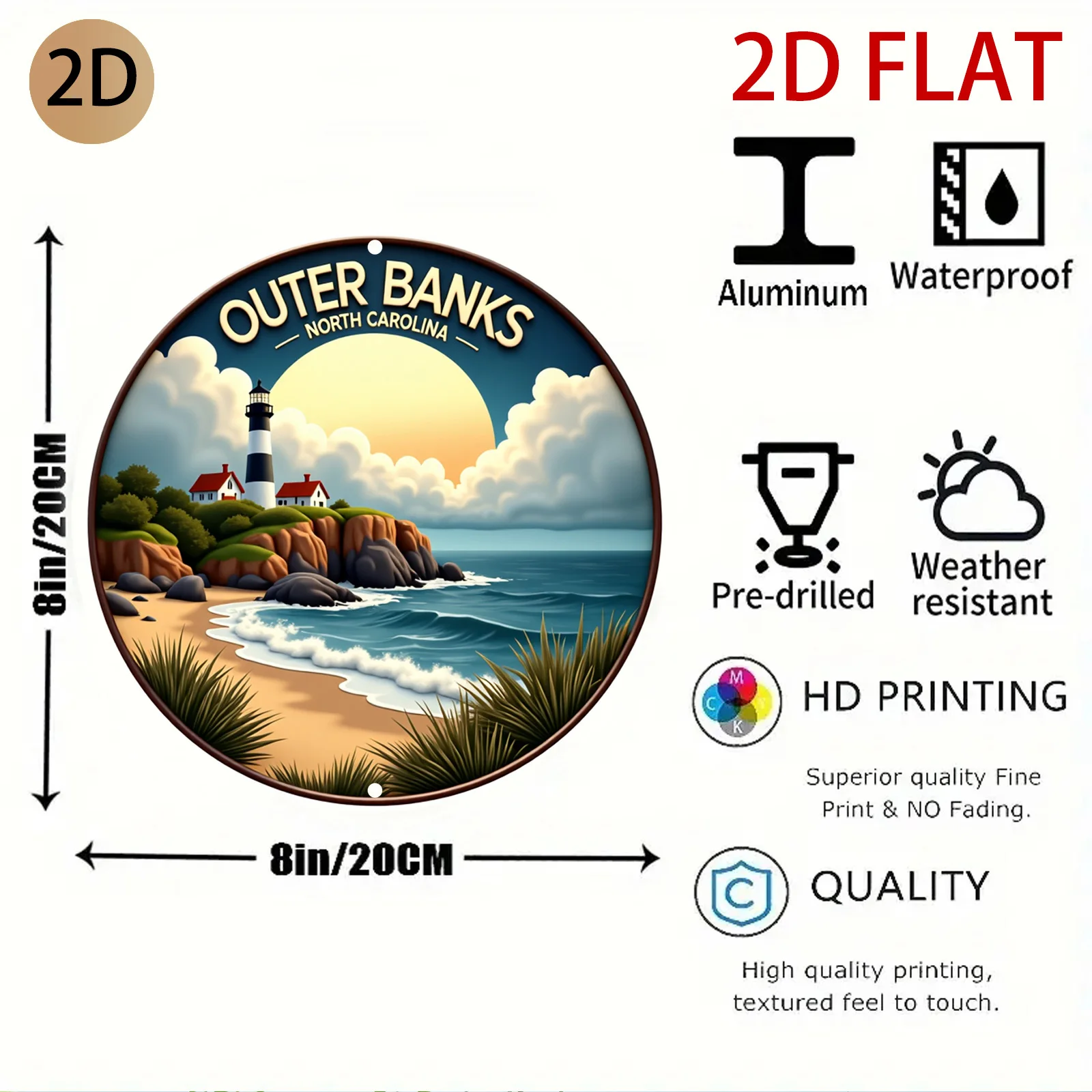 2D Flat Outer Banks Lighthouse Ocean Coastline Design Retro Metal Wall Art Suitable for Home Beach House Cafe Or Dining Space