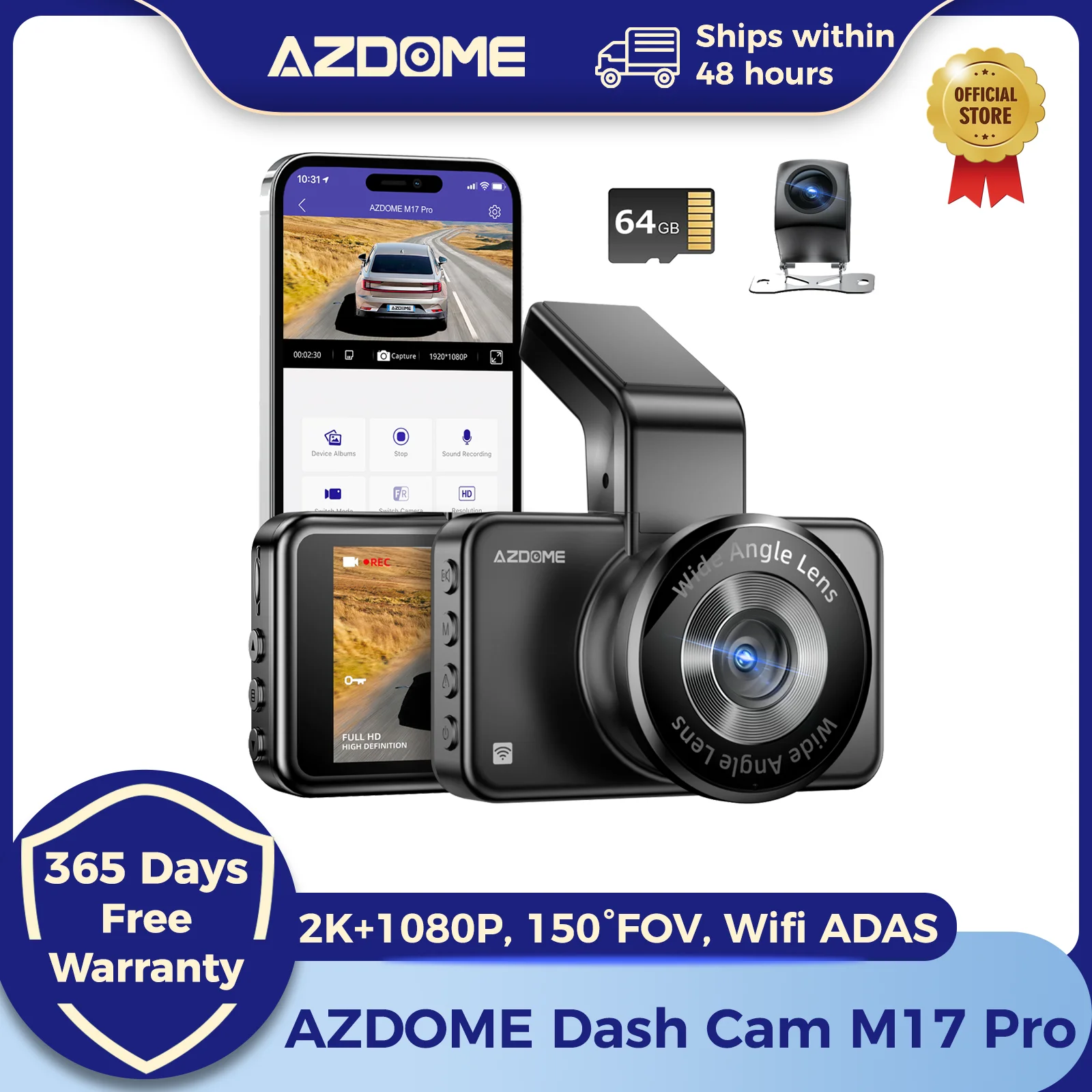 2024 New AZDOME Dash Cam M17Pro 2K+1080P 150°FOV Car DVR Wifi ADAS 24H Parking Mode Loop Recording Super Night Vision G-Sensor