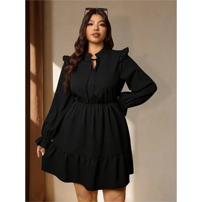 plus Size Black Dress French Casual Elegant Gentle Style Stand up Collar Ruffled Edge Waist Cinched Tea Break Skirt view 2