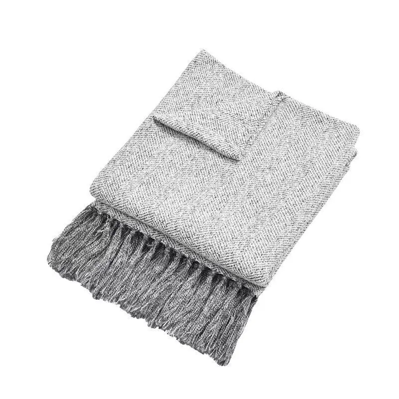Soft Herringbone Textured Light Gray Throw Blanket Breathable Cozy Knit For Sofa Bed Couch Living Room Bedroom Adults All Season
