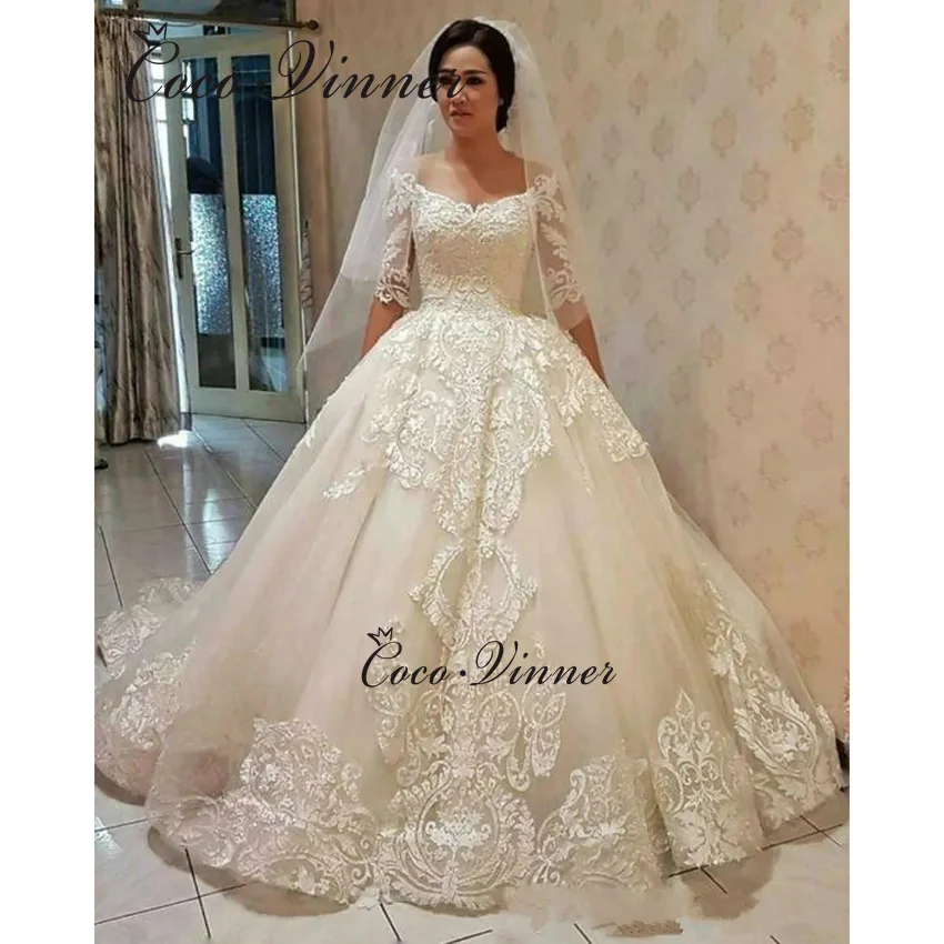 

Бальное платье с открытыми плечами по индивидуальному заказу, свадебное платье, новинка 2025 года, с короткими рукавами, кружевная вышивка, аппликации, арабские свадебные платья W1384