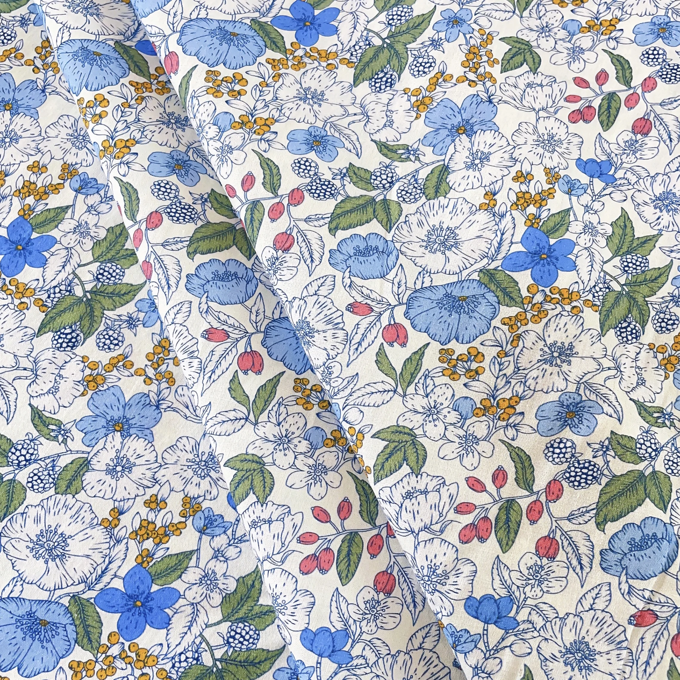 

100% Cotton Vintage Floral Printed Fabric Blue Beige Botanical Pattern for Dressmaking Home Textiles Crafts DIY Projects
