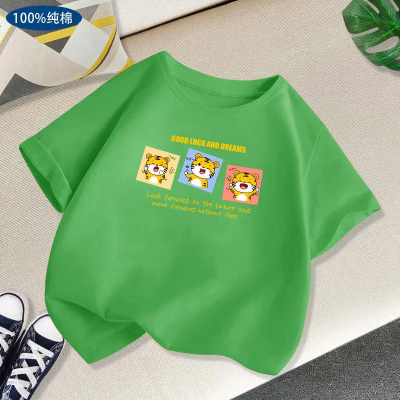 Cute Little Tiger Short-Sleeved Summer Top for Girls Cartoon Print Fashionable Parent-Child Outfit for Boys