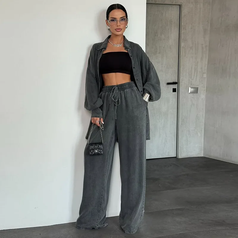 

Осенние свободные повседневные удобные джинсовые рубашки, топы, женские прямые джинсы, комплекты из 2 предметов, джинсовые брюки, джинсовая рубашка с длинным рукавом